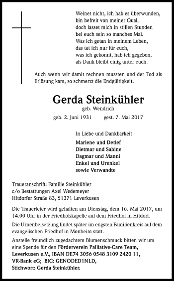Anzeige von Gerda Steinkühler von Kölner Stadt-Anzeiger / Kölnische Rundschau / Express