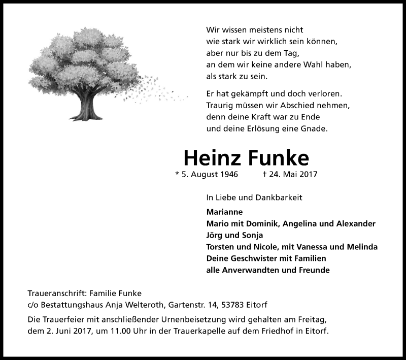  Traueranzeige für Heinz Funke vom 31.05.2017 aus Kölner Stadt-Anzeiger / Kölnische Rundschau / Express