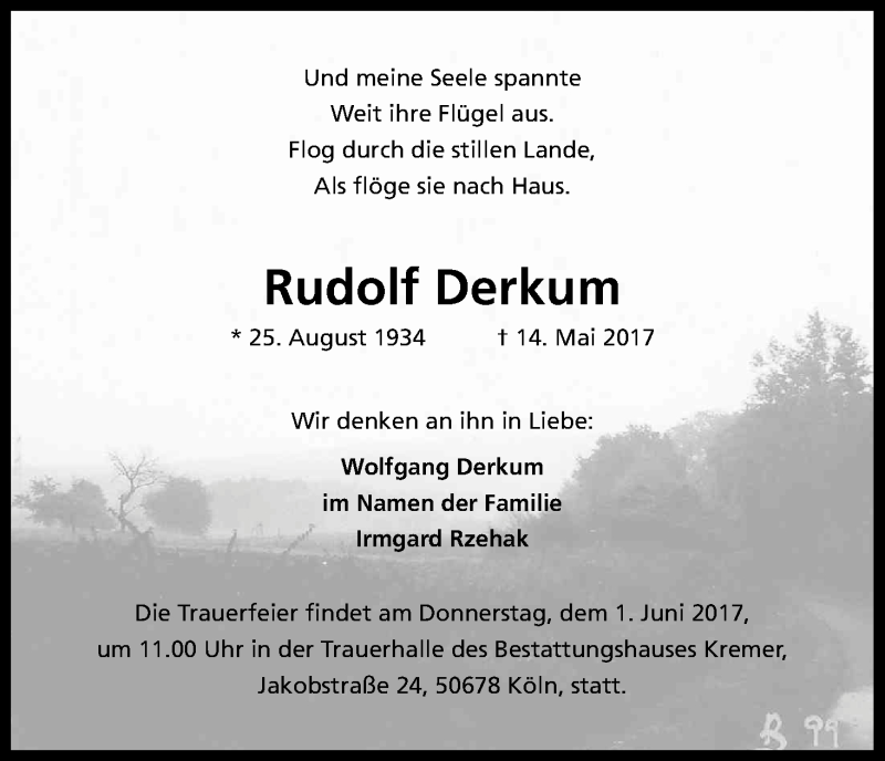  Traueranzeige für Rudolf Derkum vom 20.05.2017 aus Kölner Stadt-Anzeiger / Kölnische Rundschau / Express