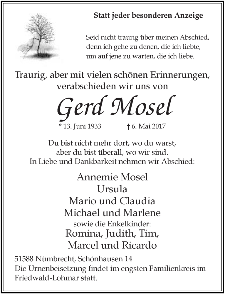  Traueranzeige für Gerd Mosel vom 17.05.2017 aus  Kölner Wochenspiegel 