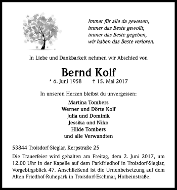 Anzeige von Bernd Kolf von Kölner Stadt-Anzeiger / Kölnische Rundschau / Express