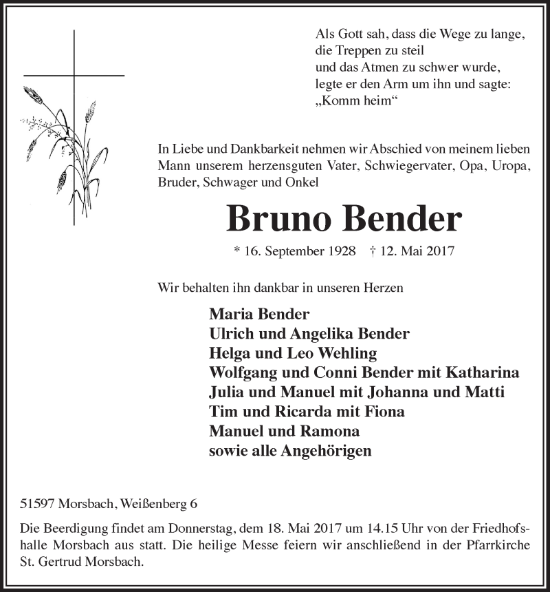 Traueranzeige für Bruno Bender vom 17.05.2017 aus  Lokalanzeiger 