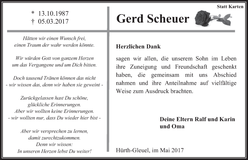  Traueranzeige für Gerd Scheuer vom 17.05.2017 aus  Wochenende 