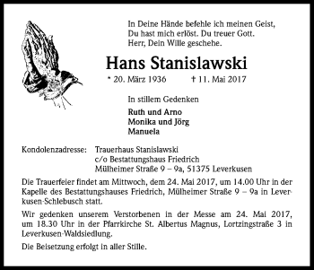 Anzeige von Hans Stanislawski von Kölner Stadt-Anzeiger / Kölnische Rundschau / Express