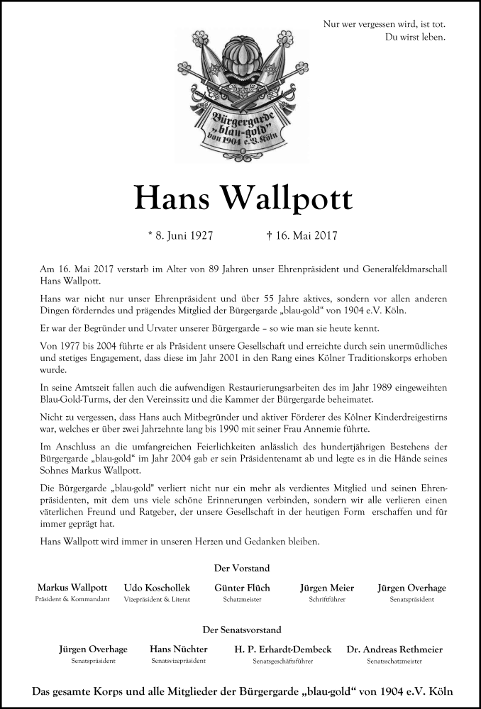  Traueranzeige für Hans Wallpott vom 20.05.2017 aus Kölner Stadt-Anzeiger / Kölnische Rundschau / Express