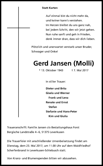 Anzeige von Gerd Jansen Molli von Kölner Stadt-Anzeiger / Kölnische Rundschau / Express