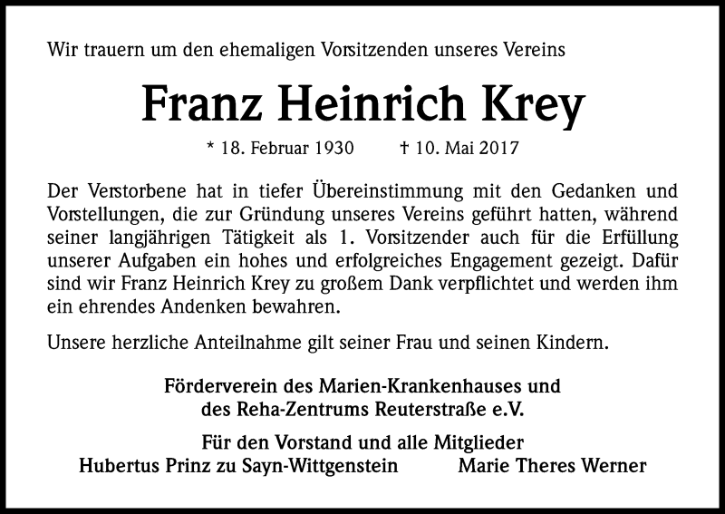  Traueranzeige für Franz Heinrich Krey vom 20.05.2017 aus Kölner Stadt-Anzeiger / Kölnische Rundschau / Express