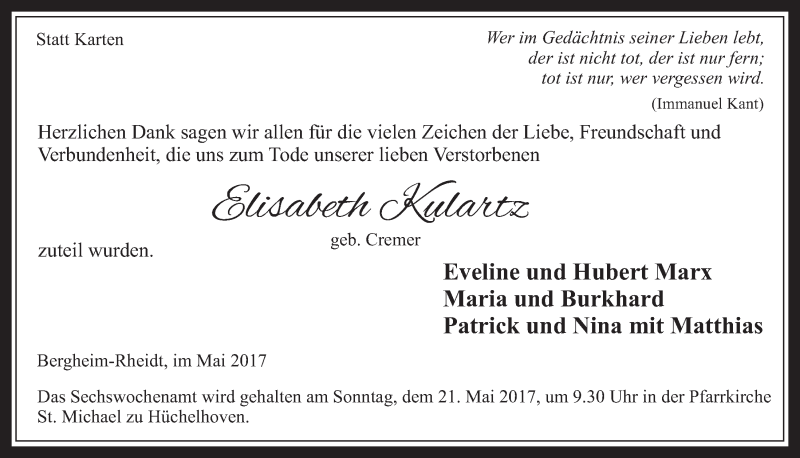  Traueranzeige für Elisabeth Kulartz vom 10.05.2017 aus  Werbepost 