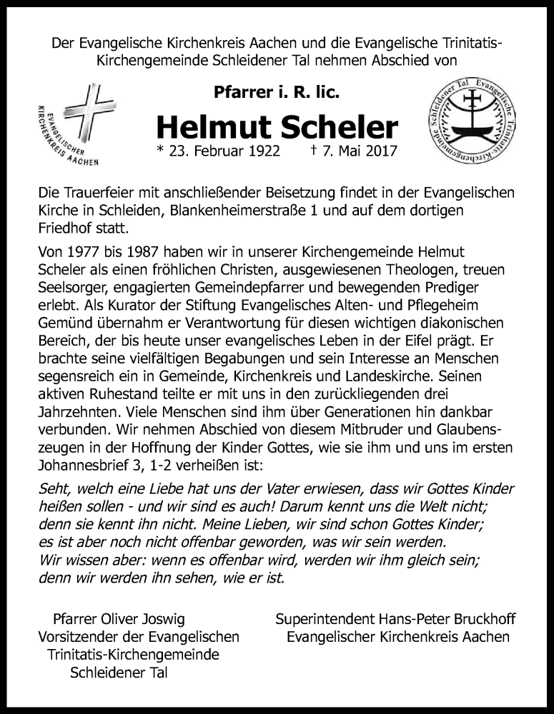  Traueranzeige für Helmut Scheler vom 11.05.2017 aus Kölner Stadt-Anzeiger / Kölnische Rundschau / Express