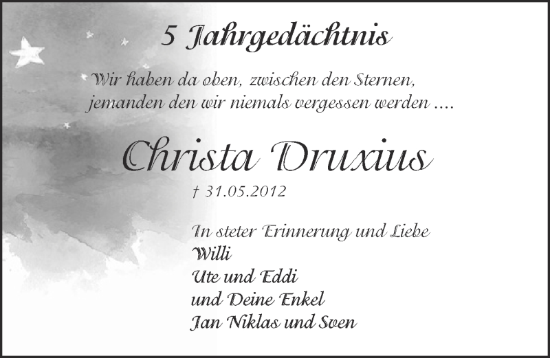  Traueranzeige für Christa Druxius vom 31.05.2017 aus  Kölner Wochenspiegel 