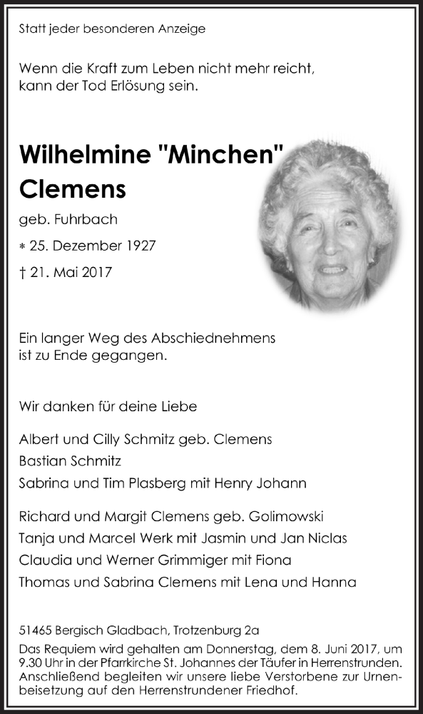  Traueranzeige für Wilhelmine Clemens vom 31.05.2017 aus  Bergisches Handelsblatt 