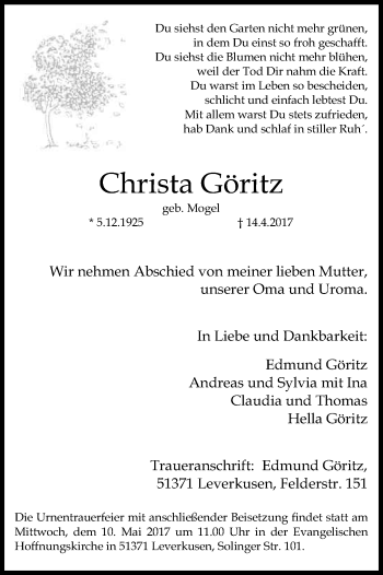 Anzeige von Christa Göritz von Kölner Stadt-Anzeiger / Kölnische Rundschau / Express