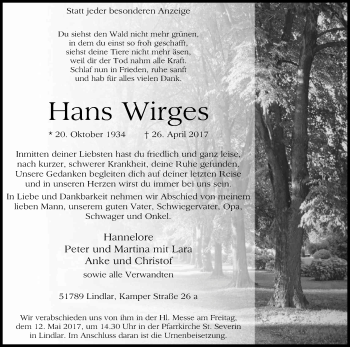 Anzeige von Hans Wirges von Kölner Stadt-Anzeiger / Kölnische Rundschau / Express