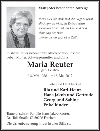 Anzeige von Maria Reuter von  Sonntags-Post 