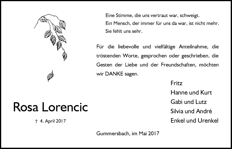  Traueranzeige für Rosa Lorencic vom 24.05.2017 aus  Anzeigen Echo 