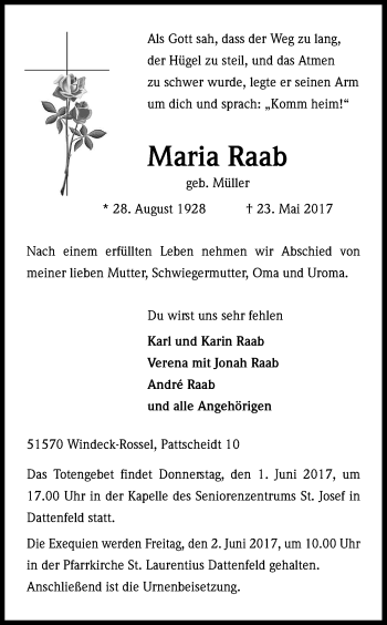 Anzeige von Maria Raab von Kölner Stadt-Anzeiger / Kölnische Rundschau / Express