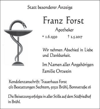 Anzeige von Franz Forst von  Kölner Wochenspiegel 