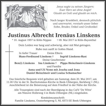 Anzeige von Justinus Albrecht Irenäus Linskens von  Werbepost 