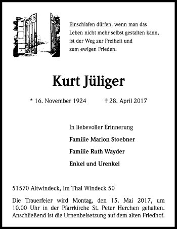 Anzeige von Kurt Jüliger von Kölner Stadt-Anzeiger / Kölnische Rundschau / Express