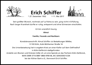 Anzeige von Erich Schiffer von Kölner Stadt-Anzeiger / Kölnische Rundschau / Express