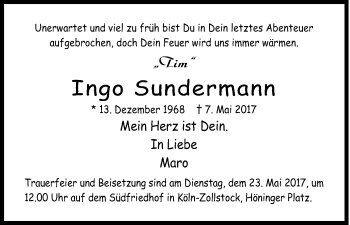 Anzeige von Ingo Sundermann von Kölner Stadt-Anzeiger / Kölnische Rundschau / Express