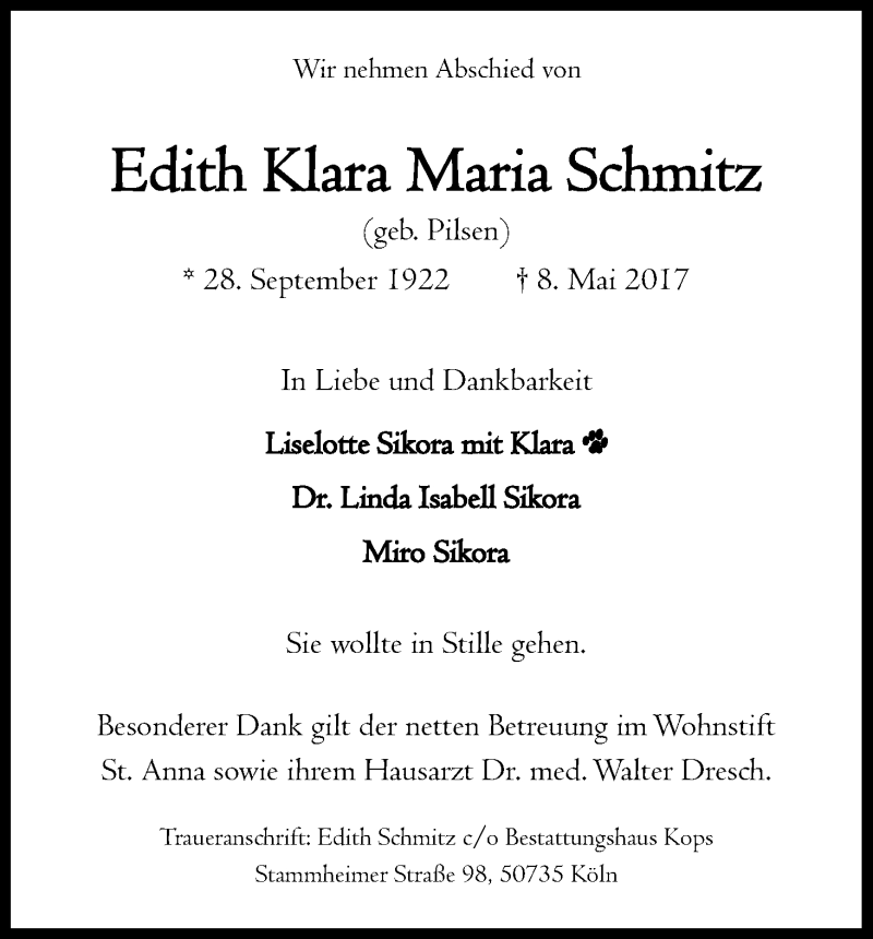  Traueranzeige für Edith Klara Maria Schmitz vom 24.05.2017 aus Kölner Stadt-Anzeiger / Kölnische Rundschau / Express