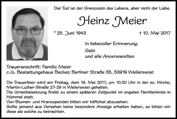 Anzeige von Heinz Meier von Kölner Stadt-Anzeiger / Kölnische Rundschau / Express