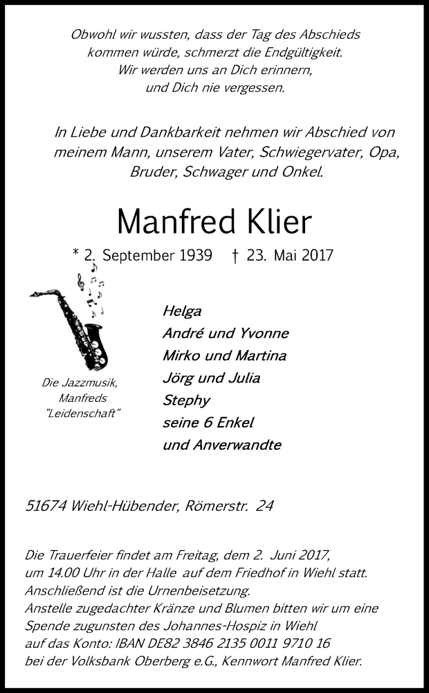  Traueranzeige für Manfred Klier vom 27.05.2017 aus Kölner Stadt-Anzeiger / Kölnische Rundschau / Express