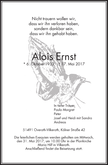 Anzeige von Alois Ernst von  Bergisches Handelsblatt 