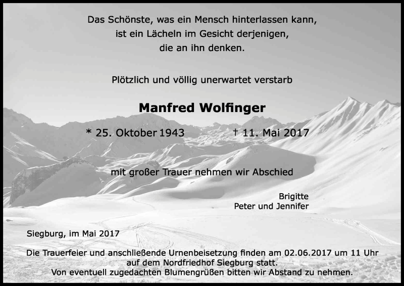  Traueranzeige für Manfred Wolfinger vom 27.05.2017 aus Kölner Stadt-Anzeiger / Kölnische Rundschau / Express