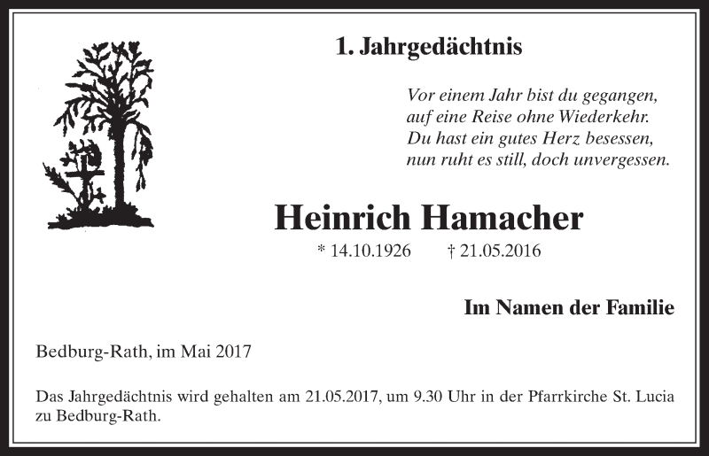  Traueranzeige für Heinrich Hamacher vom 17.05.2017 aus  Werbepost 