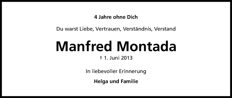  Traueranzeige für Manfred Montada vom 01.06.2017 aus Kölner Stadt-Anzeiger / Kölnische Rundschau / Express