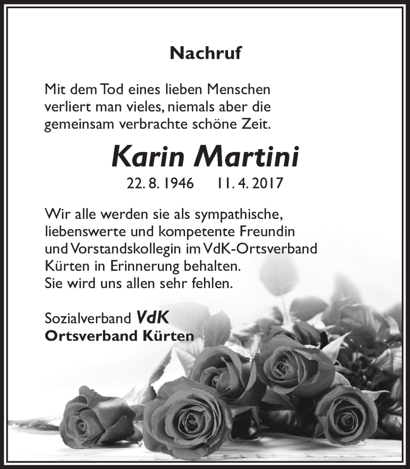  Traueranzeige für Karin Martini vom 10.05.2017 aus  Bergisches Handelsblatt 