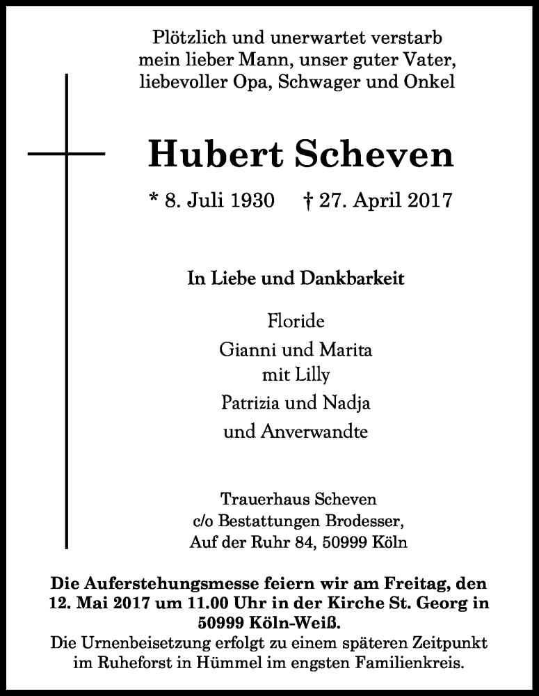  Traueranzeige für Hubert Scheven vom 12.05.2017 aus Kölner Stadt-Anzeiger / Kölnische Rundschau / Express