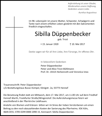 Anzeige von Sibilla Düppenbecker von Kölner Stadt-Anzeiger / Kölnische Rundschau / Express