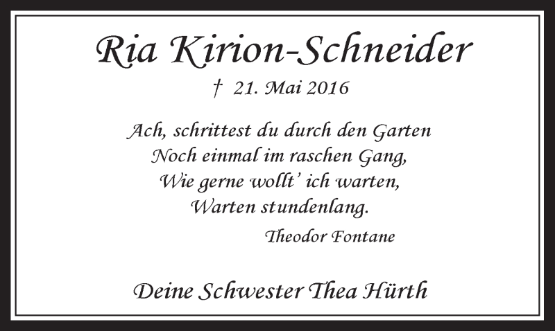  Traueranzeige für Ria Kirion-Schneider vom 17.05.2017 aus  Wochenende 