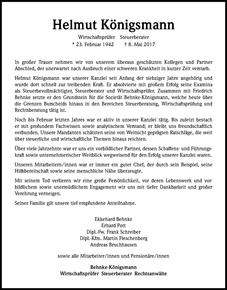  Traueranzeige für Helmut Königsmann vom 13.05.2017 aus Kölner Stadt-Anzeiger / Kölnische Rundschau / Express