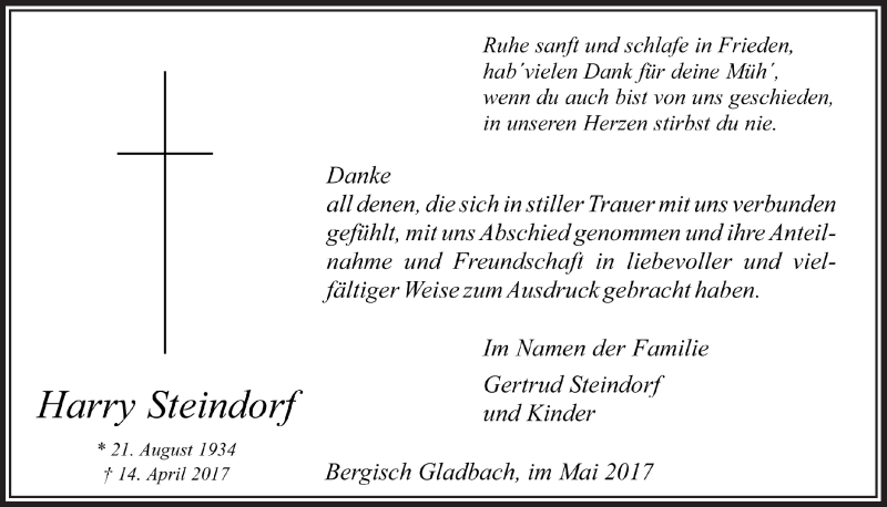  Traueranzeige für Harry Steindorf vom 17.05.2017 aus  Bergisches Handelsblatt 