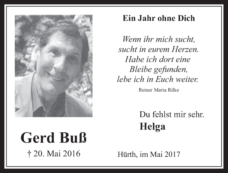 Traueranzeige für Gerd Buß vom 17.05.2017 aus  Wochenende 