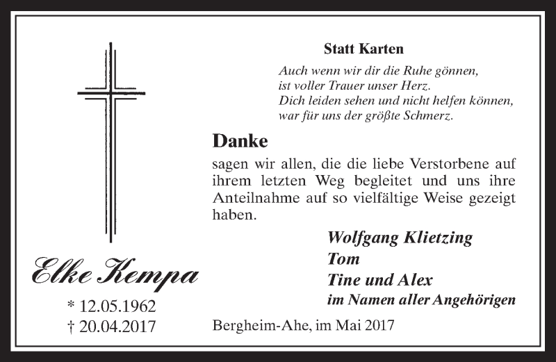  Traueranzeige für Elke Kempa vom 17.05.2017 aus  Werbepost 