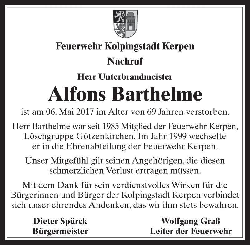  Traueranzeige für Alfons Barthelme vom 24.05.2017 aus  Werbepost 