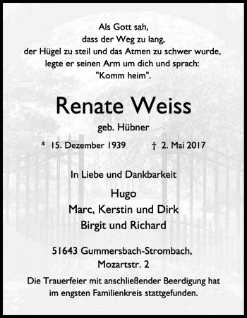 Anzeige von Renate Weiss von Kölner Stadt-Anzeiger / Kölnische Rundschau / Express