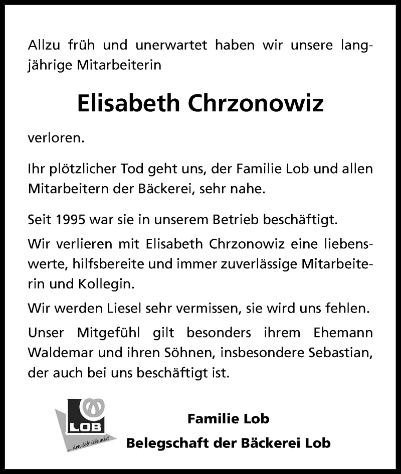  Traueranzeige für Elisabeth Chrzonowiz vom 06.05.2017 aus Kölner Stadt-Anzeiger / Kölnische Rundschau / Express