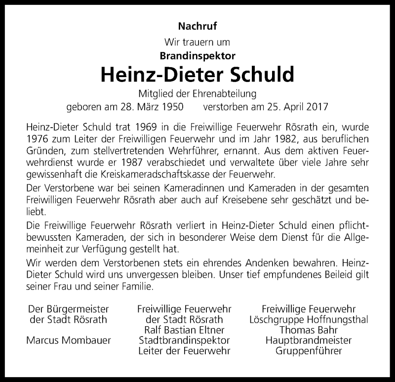  Traueranzeige für Heinz-Dieter Schuld vom 06.05.2017 aus Kölner Stadt-Anzeiger / Kölnische Rundschau / Express