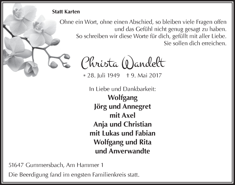  Traueranzeige für Christa Wandelt vom 24.05.2017 aus  Anzeigen Echo 