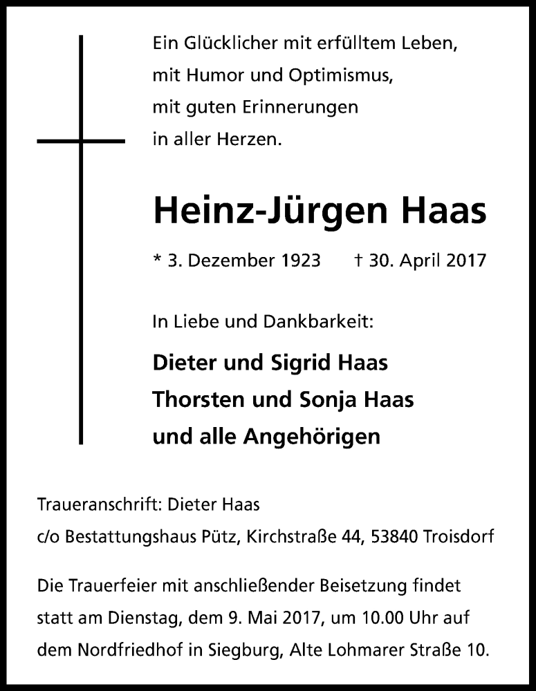  Traueranzeige für Heinz-Jürgen Haas vom 06.05.2017 aus Kölner Stadt-Anzeiger / Kölnische Rundschau / Express