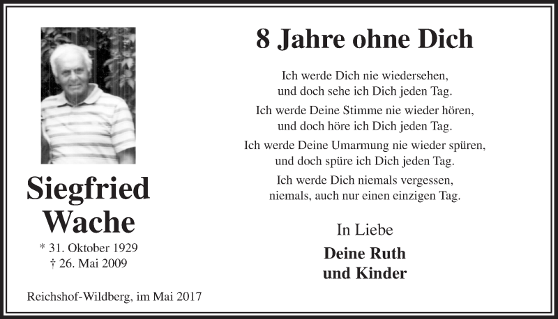 Traueranzeige für Siegfried Wache vom 24.05.2017 aus  Lokalanzeiger 