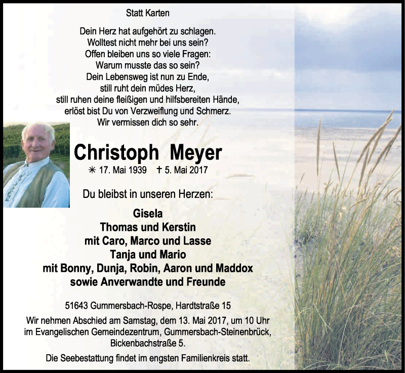  Traueranzeige für Christoph Meyer vom 10.05.2017 aus Kölner Stadt-Anzeiger / Kölnische Rundschau / Express