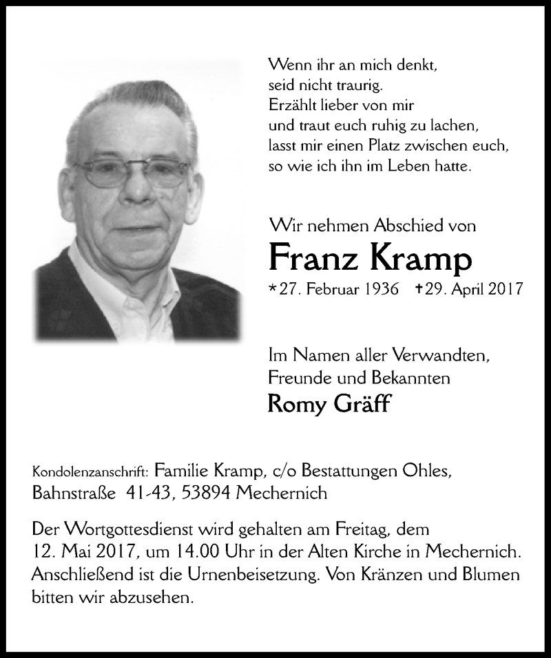  Traueranzeige für Franz Kramp vom 06.05.2017 aus  Blickpunkt Euskirchen 