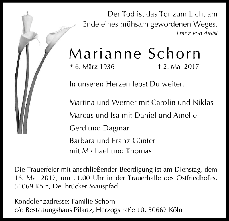  Traueranzeige für Marianne Schorn vom 06.05.2017 aus Kölner Stadt-Anzeiger / Kölnische Rundschau / Express